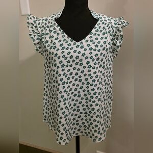 Kori Floral Ruffle Sleeve Top - Green and White